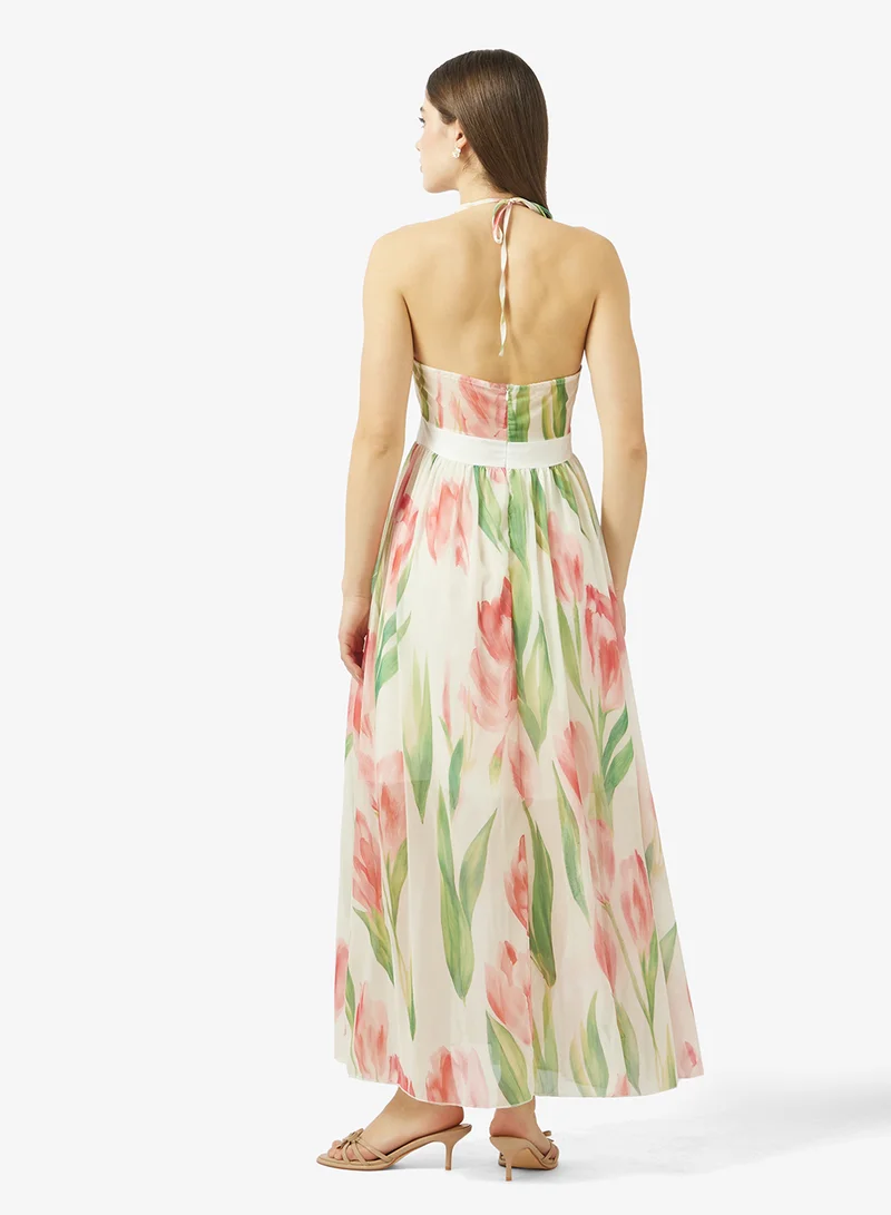Ginger Plunge Neck Floral A Line Dress